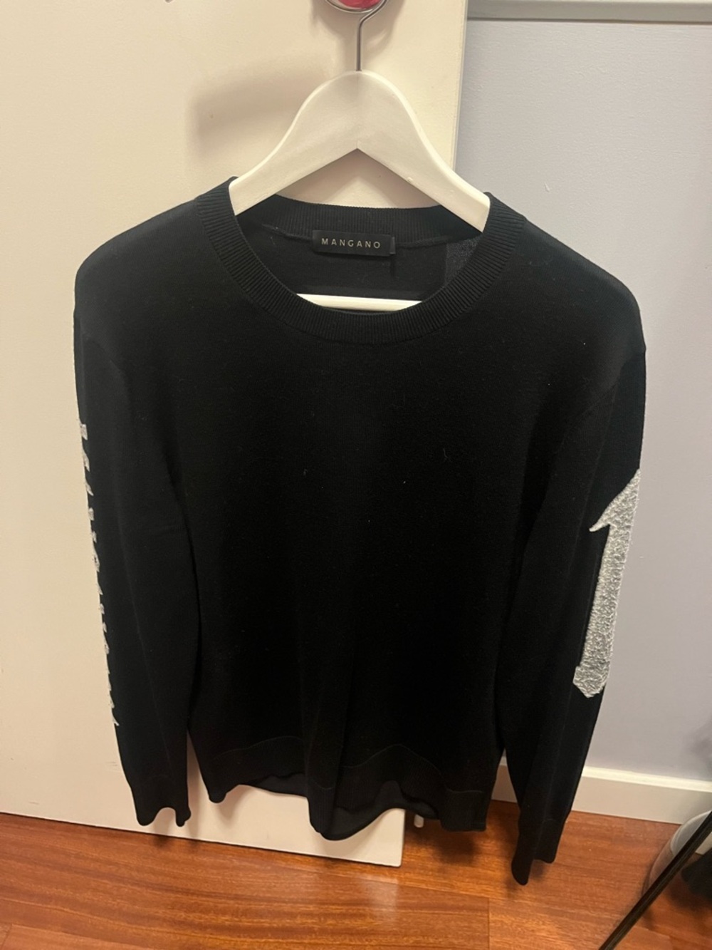 Mangano Black Crewneck Sweater with Silver Sleeve Patch